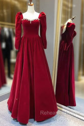 A Line Long Sleeves Red Velvet Semi Formal Prom Dresses